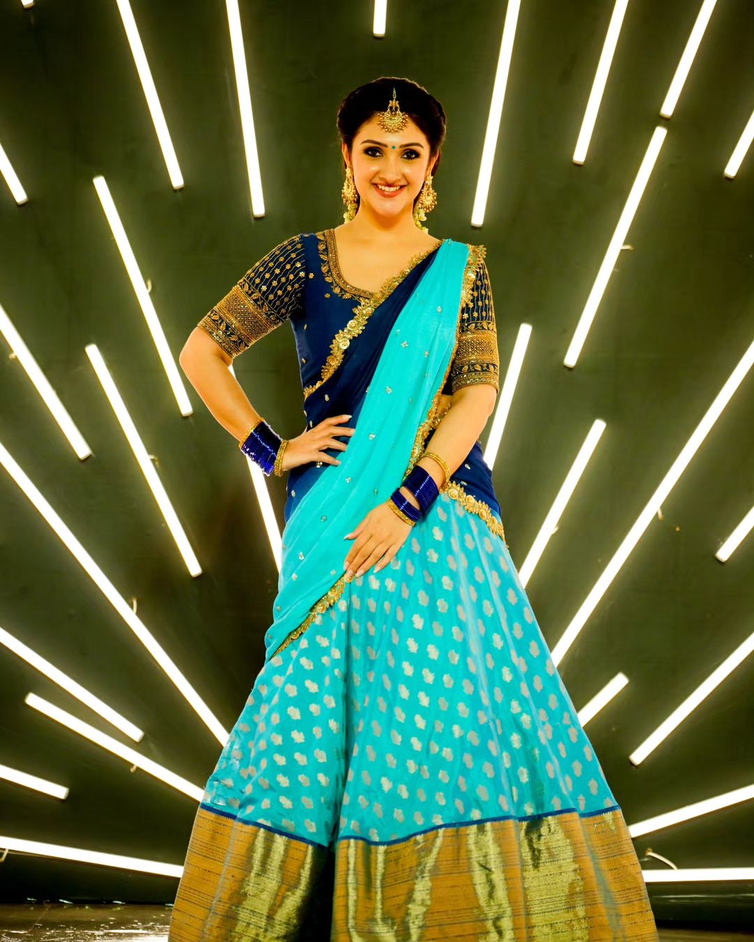 Telugu TV Actress Sridevi Vijaykumar Images in Blue Lehenga Choli